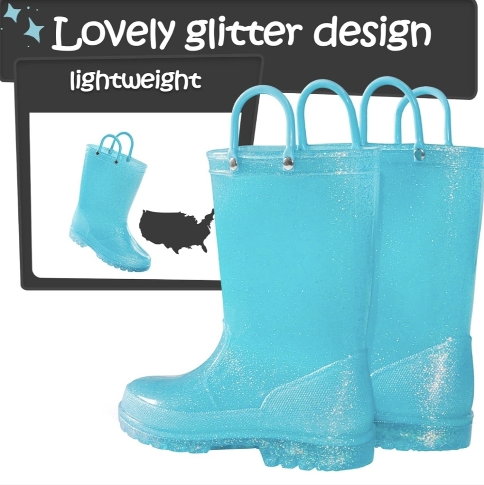 K KomForme Girls Rain Boots,Kids Glitter Waterproof Boots with Easy-on Handles